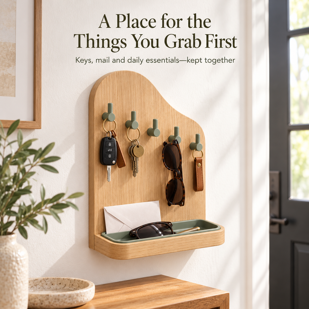 Oak Key Holder with Catchall Tray